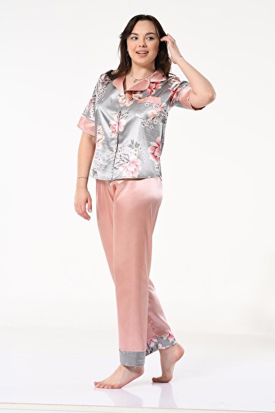 Miss Dünya Lissa Kadın Gömlek Yaka Desenli Önden Düğmeli Kısa Kol Saten Pijama Takımı