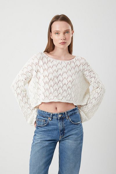 Mixray 6851 Μοντέλο Γυναικείο Oversize Crop πουλόβερ - Bone Openwork, Εποχιακό