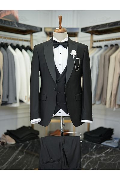 LONATOLİA Men's Tuxedo Groom Suit Swallow Collar Italian Cut Slim Fit Jacket Vest Pants Bow Tie-Black