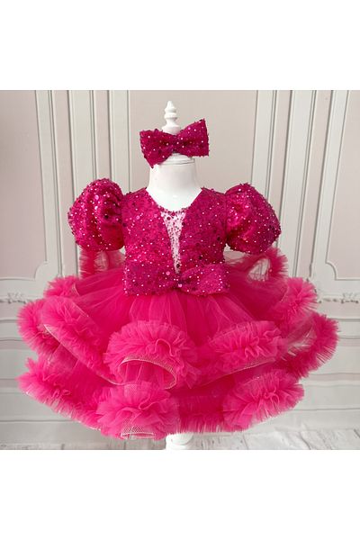 İlknur Karaca Design Rochie de zi specială pentru fetiță cu mărgele de culoare fucsia, rochie de seară pentru nuntă