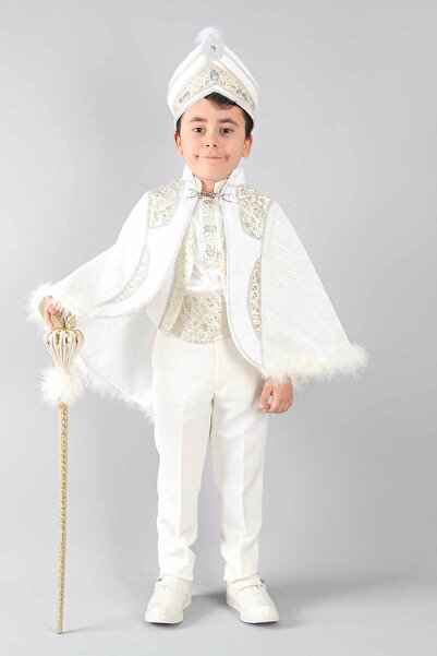 Osmanlı Sünnet Kıyafetleri Taşlı Krem Altın Pelerinli Sünnet Takımı