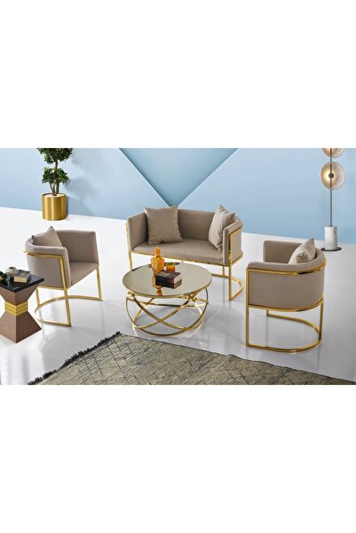 Viento Mobilya Reyhan Krem Babyface Kumaşlı Yastıklı Gold Iskeletli Çay Seti ...