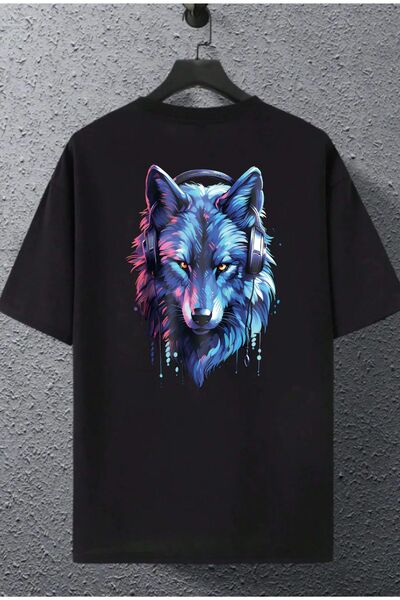 Massgai تي شيرت بتصميم محدود للجنسين مطبوع عليه Wolf Wolf مقاس كبير 100% قطن