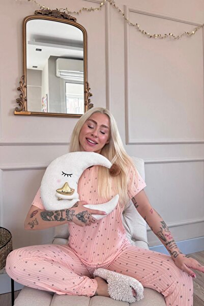 Pijamaevi Star Patterned Salmon Women's Knitted Pajama Set - Short Sleeve Chain