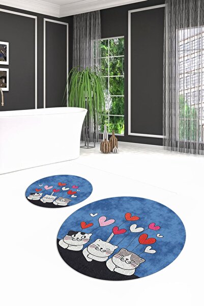 Alkilim Dijital Baskılı Kaymaz Yıkanabilir Kedi Desen Yuvarlak İkili Banyo Ta...