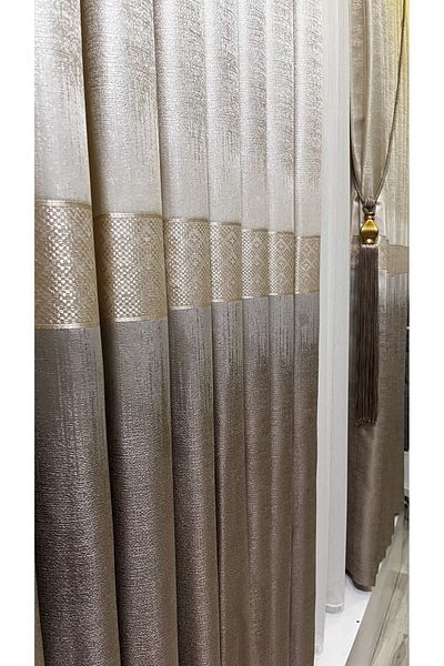 Fon Dünyası Panel Background Curtain Cream Mink Gold Stripe (Single Wing)