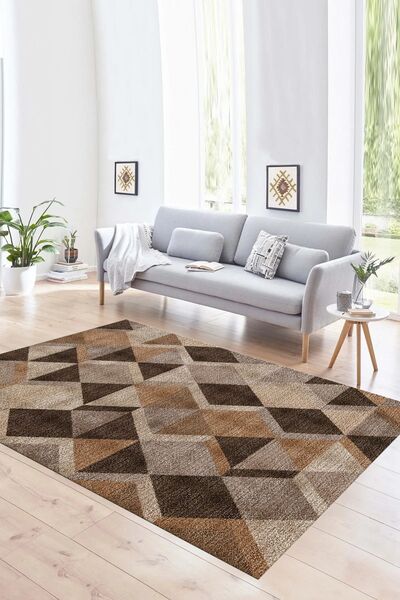 Dijital Baskılı Kaymaz Yıkanabilir Modern Desen Yolluk Mutfak Salon Halısı, N-MODERN-103-KAHVE,