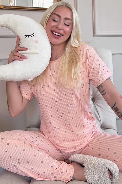 Pijamaevi Star Patterned Salmon Women's Knitted Pajama Set - Short Sleeve Chain