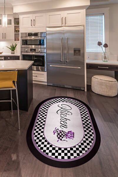 Alkilim Dijital Baskılı Kaymaz Yıkanabilir Kitchen Yazılı Oval Mutfak Halısı,...