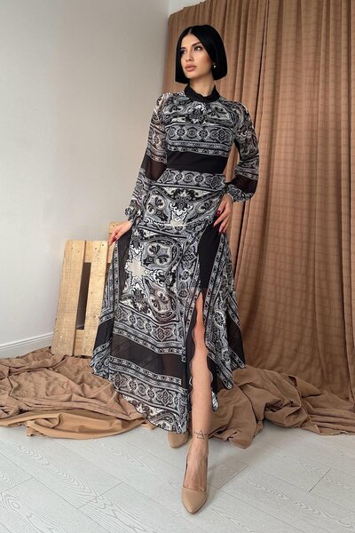 Birru Butik Kadın Reglan Kol Yırtmaçlı Astarlı Şifon Elbise