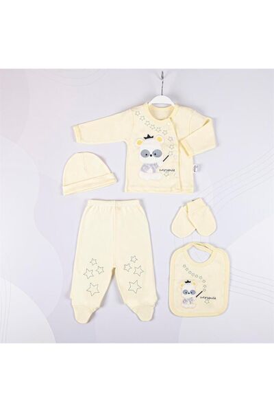 Miniel Unisex Bebek Panda Nakışlı 5li Hastane Çıkışı Seti - Sarı
