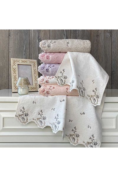Altınbaşak Maribor Premium Bamboo cu „Cutie specială” 50x90cm. 6 buc. Prosop de față pentru mâini brodat 3D Dowry (40% BAMBOO)