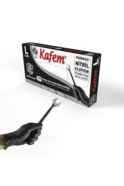 KAFEM Siyah Nitril Eldiven Pudrasız Ekstra Kalın (L) 50 Lİ
