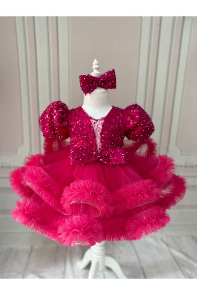 İlknur Karaca Design Rochie de zi specială pentru fetiță cu mărgele de culoare fucsia, rochie de seară pentru nuntă