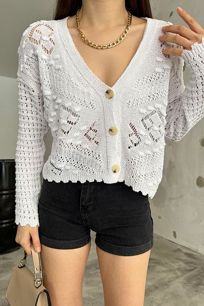 MODAMERSİ Women's White Pompom Detailed Knitwear Cardigan