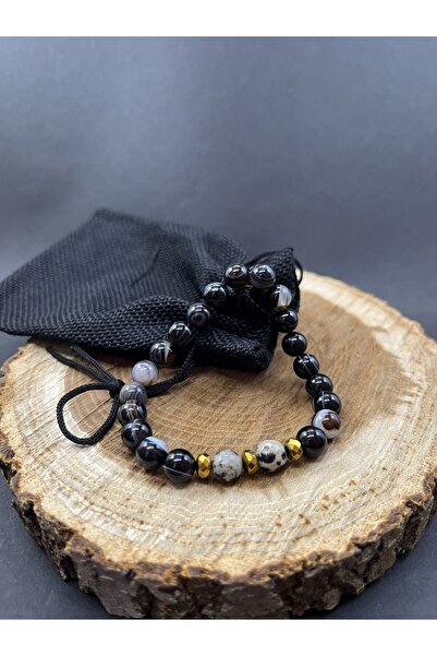 Balzamin Design Siyah Doğal Göz Akik Taşı Tam Tur Unisex Doğal Taş Bileklik E...