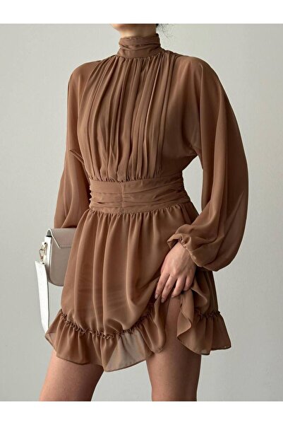 popibutik Dik Yakalı Drapeli Mini Kahve Şifon Elbise