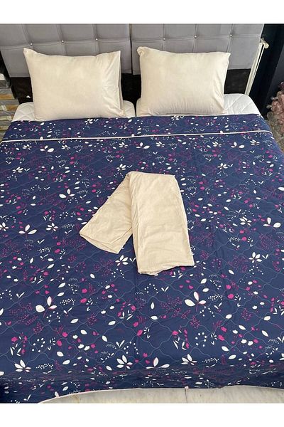 Sudemhome Navy Blue Floral Patterned Double Quilted Bedspread Set