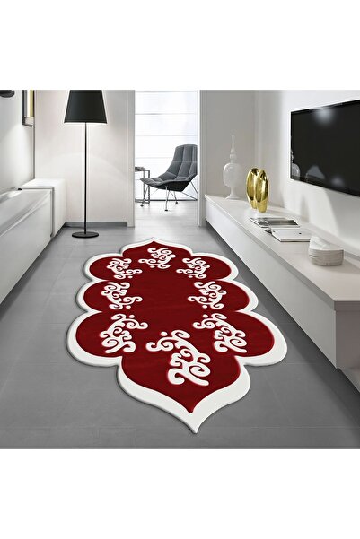 Viyana Home Dijital Baskılı Kaymaz Taban Yıkanabilir Lazer Kesim Salon Halısı Yolluk, V-LAZER-01-KIRMIZI,