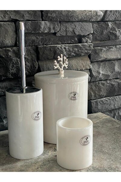 Polen Stone 3 Piece White Marble Trash Can - Wc and Toothbrush Holder