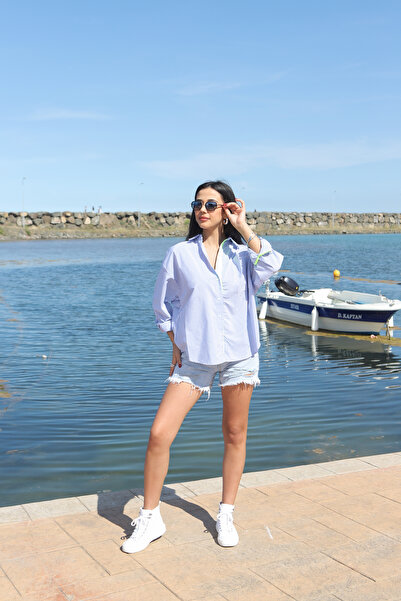 DelVino Mavi Beyaz Çizgili Neon Şeritli Gömlek