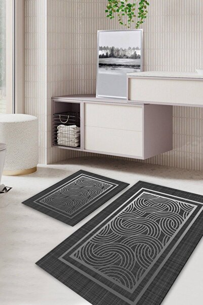 Kilimteks Modern Patterned Non-Slip Base Washable Set of 2 Bathroom Carpet Ma...