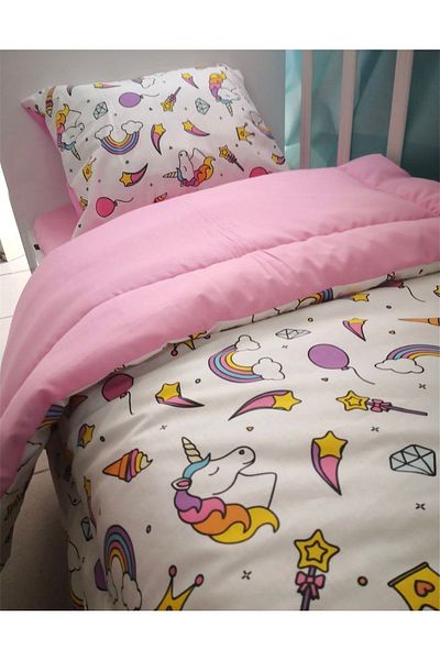Bebek Özel Cotton Children's Single Pillow Sheet Quilt Set White Unicorn (with Quilt)