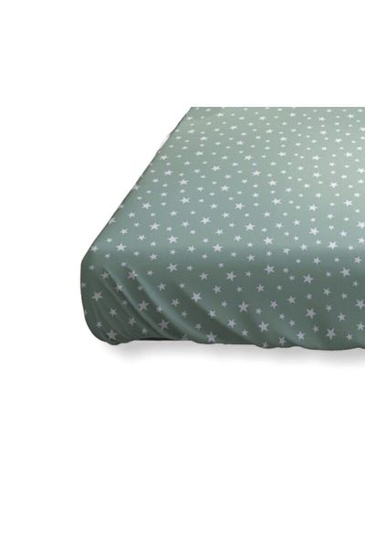 Bebek Özel Cotton Single Child Fitted Sheet 90x190 Green Star Patterned