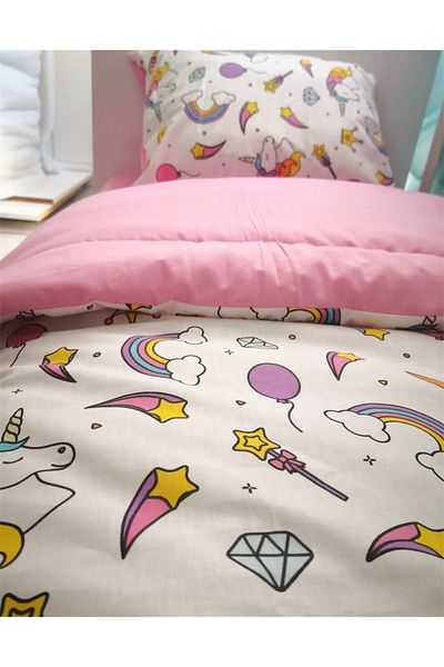 Bebek Özel Cotton Children's Single Pillow Sheet Quilt Set White Unicorn (with Quilt)