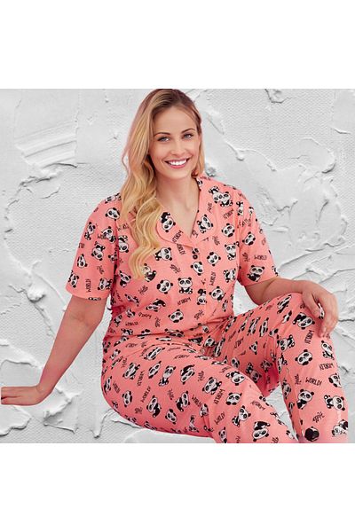 Gülfirik Tasarım Panda Pattern Large Size Women's Summer Pajamas Set - 100% Cotton, Short Sleeve, Shirt Collar