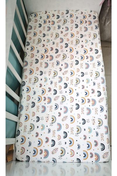 Bebek Özel ملاءة جاهزة للأطفال من القطن مقاس 70 × 110 (قطعتان) بألوان قوس قزح وسحابة القمر الأزرق