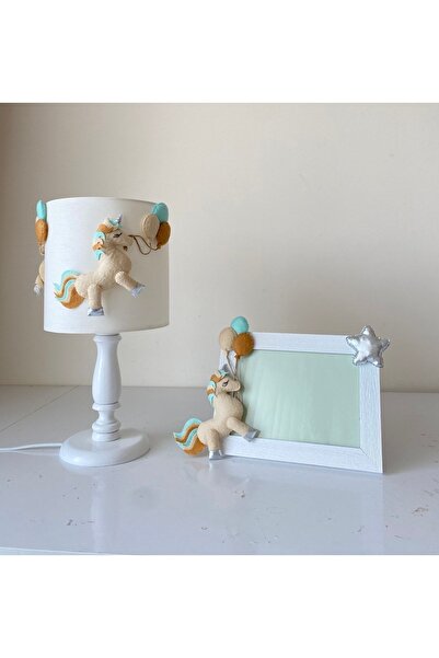 atölye ay ışığı Krem Renk Unicorn Figürlü Avize Abajur Çerçeve Seti Erkek Veya Kız Bebek Çocuk Odası