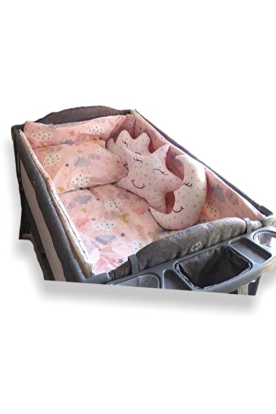 Bebek Özel Pamuklu 70x110 Park Beşik Uyku Seti Somon Pembe Yıldızlı Kız (Yorg...
