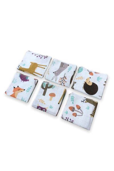 Bebek Özel 6 Adet Müslin Ağız Silme Bezi Mendili Doğa Hayvanlar