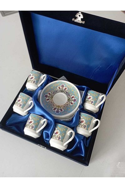 Nihal Süeda Turquoise Model Velvet Porcelain Cup Set - Gilded Set of Six