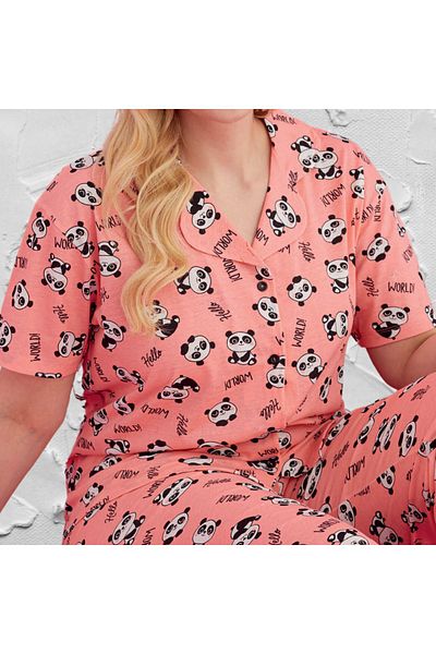 Gülfirik Tasarım Panda Pattern Large Size Women's Summer Pajamas Set - 100% Cotton, Short Sleeve, Shirt Collar