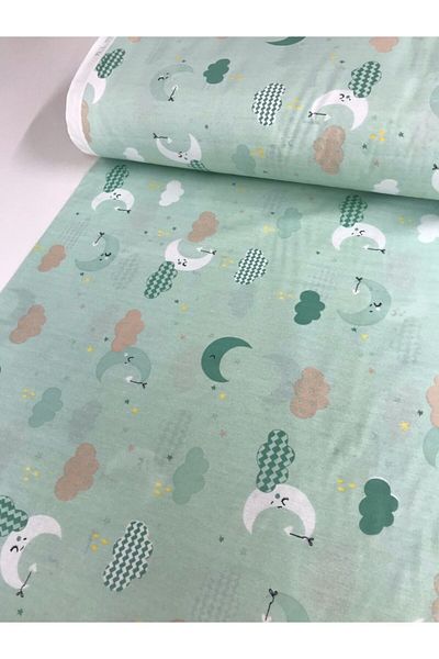 Bebek Özel Cotton Children's Fitted Sheet 90x190 New Green Moon Cloud