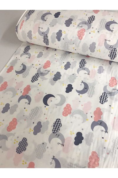 Bebek Özel Cotton Children's Fitted Sheet 90x190 Gray Pink Moon Cloud