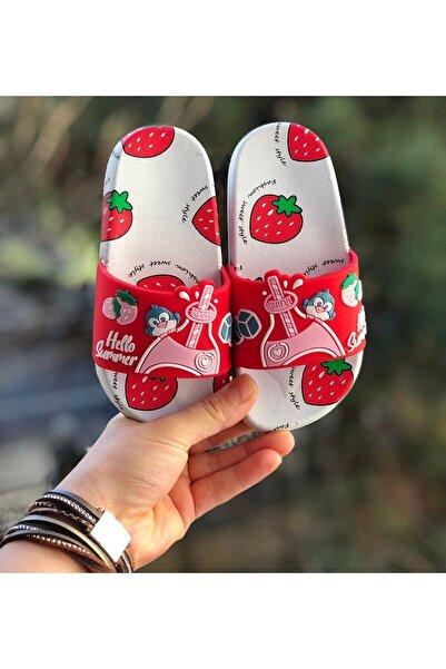 Pandalina Çocuk havuz plaj terlik baykuş figürlü çilek desenli kaydırmaz taban hafıf terlik
