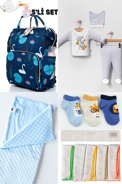 Bombinoo Large Birth Set of 5 - Baby Bag, Hospital Exit, Chickpea Blanket, 10-Piece Wipes and 3-Piece Socks