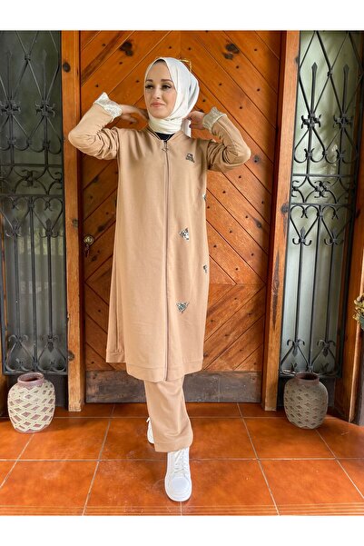 AYSUN AYDEMİR Σετ διπλής φόρμας από φλις σε χρώμα σίτου με λεπτομέρεια με παγιέτες