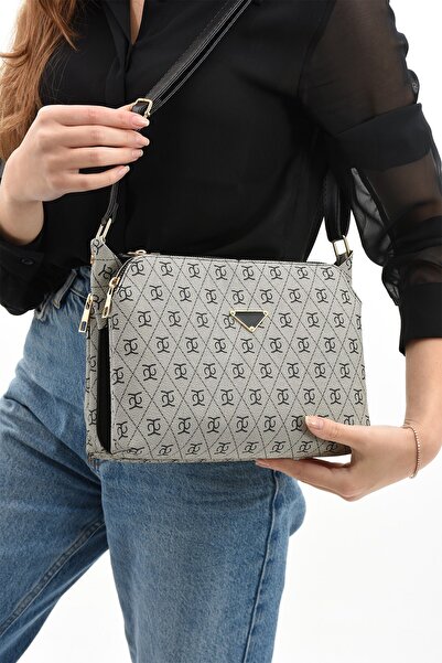 mugalas Βιζόν Μαύρο γαρνιρισμένο σχέδιο - Τσάντα ώμου τριών χωρισμάτων