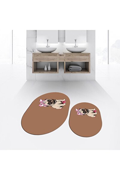 Hey Home Digital Printed Non-Slip Base Washable Oval Double Bathroom Mat Toil...