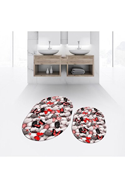 Hey Home Digital Printed Non-Slip Washable Oval Double Bathroom Mat Toilet Se...