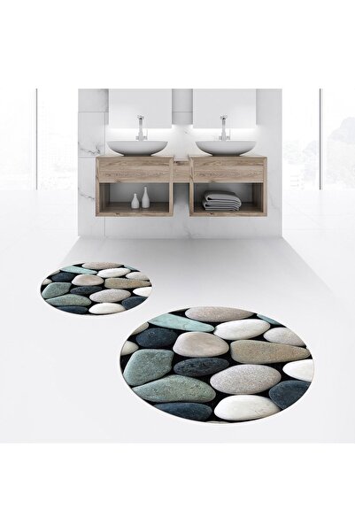 Hey Home Digital Printed Non-Slip Washable Round Double Bathroom Mat Toilet S...