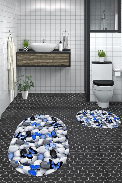 EY HOME Set de scaune de toaletă ovale, lavabile, cu model de fluture, lavabile, 3D, OKLZT-44-ALBASTRU,