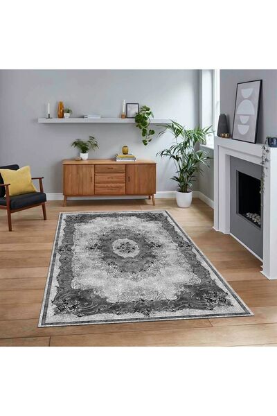Dijital Baskılı Kaymaz Taban Yıkanabilir Klasik Desen Yolluk Salon Halısı, V-KLASİK-29-GRİ,