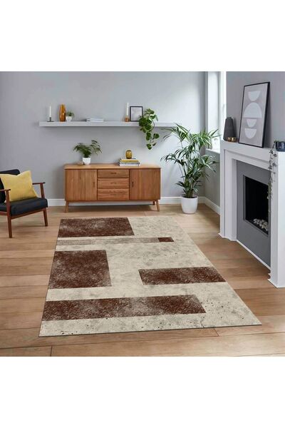 Dijital Baskılı Kaymaz Taban Yıkanabilir Modern Yolluk Mutfak Salon Halısı, V-MODERN-93-KAHVE,