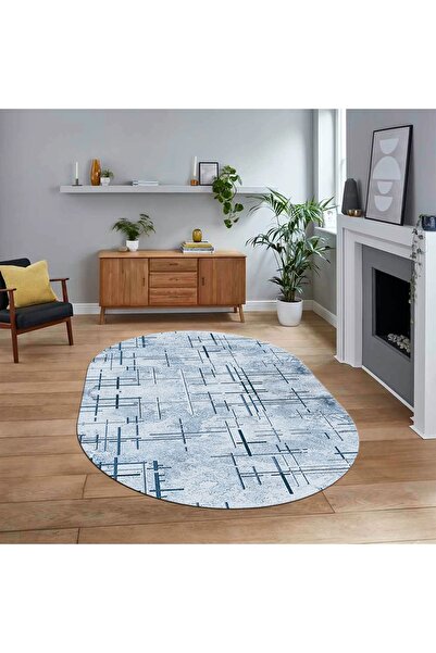 Hey Home Dijital Baskılı Kaymaz Taban Yıkanabilir Oval Modern Yolluk Salon Halısı, V-O-MODERN-89-MAVİ,