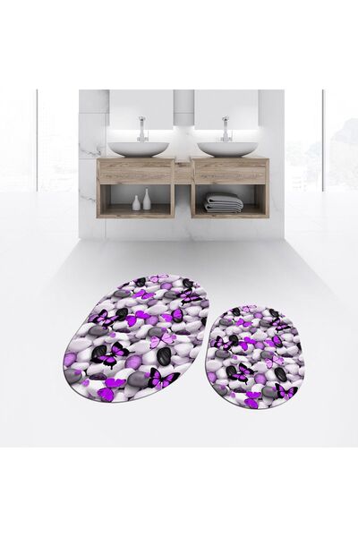 Hey Home Digital Printed Non-Slip Base Washable Oval Double Bath Mat Toilet S...